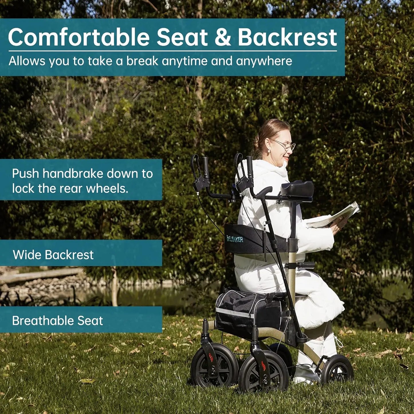 ELENKER All-Terrain Upright Rollator Walker, Stand up Rolling Walker with Seat, 12” Non-Pneumatic Tire Wheels, Compact Folding