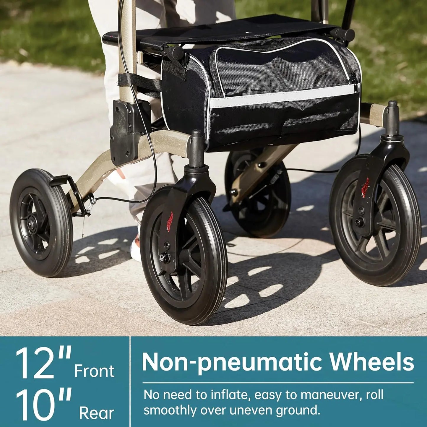 ELENKER All-Terrain Upright Rollator Walker, Stand up Rolling Walker with Seat, 12” Non-Pneumatic Tire Wheels, Compact Folding