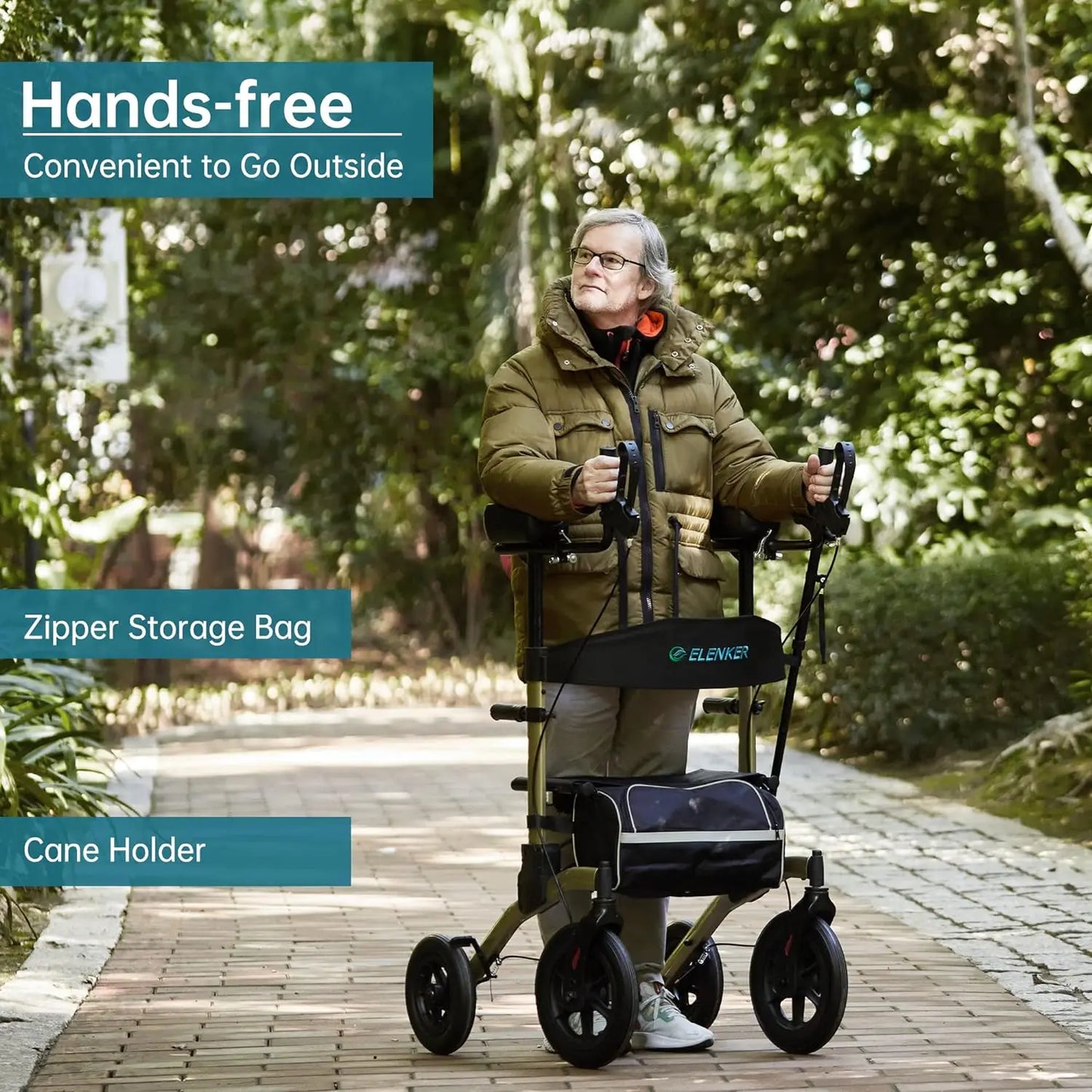 ELENKER All-Terrain Upright Rollator Walker, Stand up Rolling Walker with Seat, 12” Non-Pneumatic Tire Wheels, Compact Folding