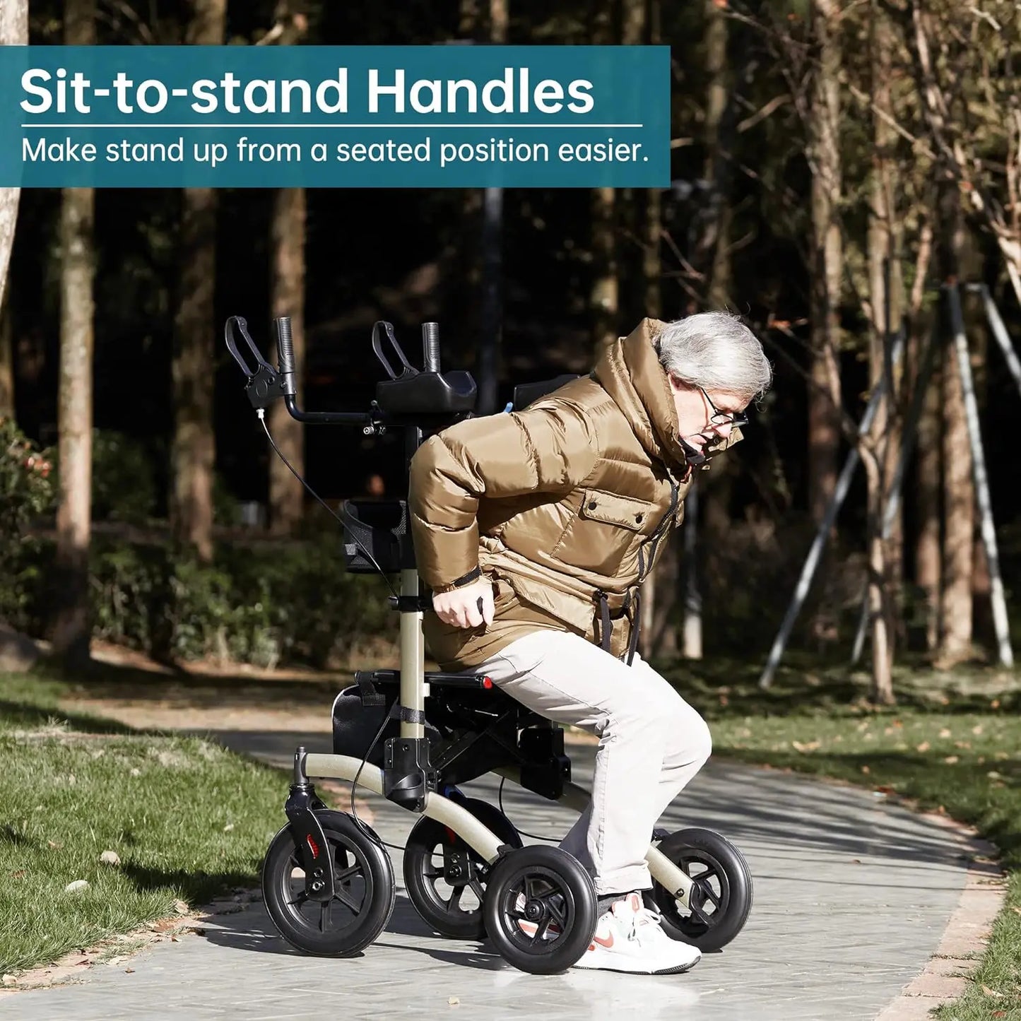 ELENKER All-Terrain Upright Rollator Walker, Stand up Rolling Walker with Seat, 12” Non-Pneumatic Tire Wheels, Compact Folding